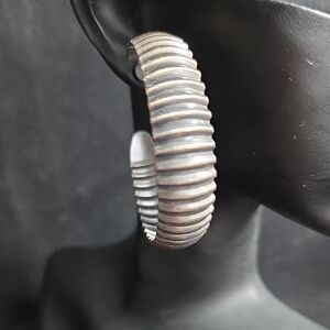 Silvertone Gray Ribbed Textured Hoop Earrings -